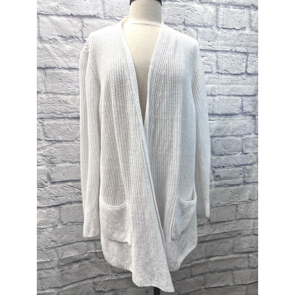 Eileen Fisher Cardigan Women M White Excellent Organic Linen Open Front Pocket